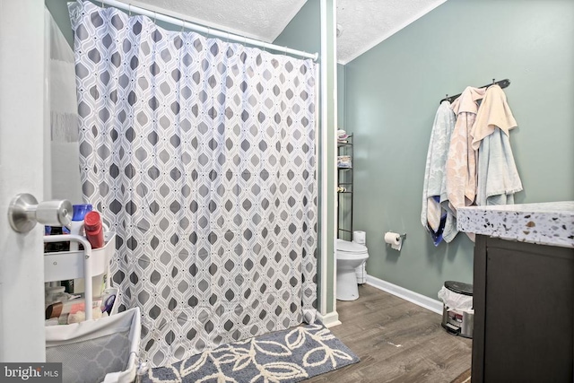 4253 Rolling Hills Dr, Culpeper, VA 22701 - bathroom featuring wood finished floors, vanity, a shower with shower curtain, and a textured ceiling