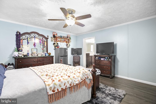4253 Rolling Hills Dr, Culpeper, VA 22701 - bedroom featuring freestanding refrigerator, dark wood-style floors, a textured ceiling, ornamental molding, and ensuite bathroom