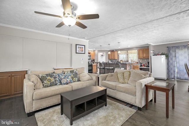 4253 Rolling Hills Dr, Culpeper, VA 22701 - living area featuring a textured ceiling, a ceiling fan, crown molding, and wood finished floors