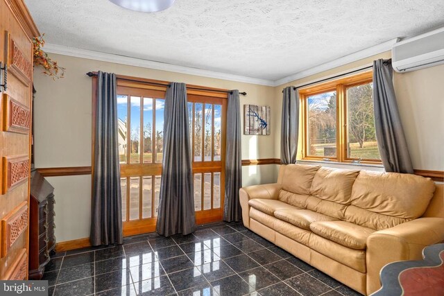 41 Carr Cir, Mineral, VA 23117 - living area featuring baseboards, granite floors, a wall mounted air conditioner, ornamental molding, and a textured ceiling