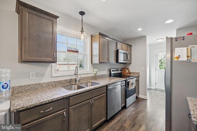 2905 Twymans Mill Rd, Madison, VA 22727 - kitchen featuring stainless steel appliances, a sink, dark wood finished floors, light stone countertops, and recessed lighting