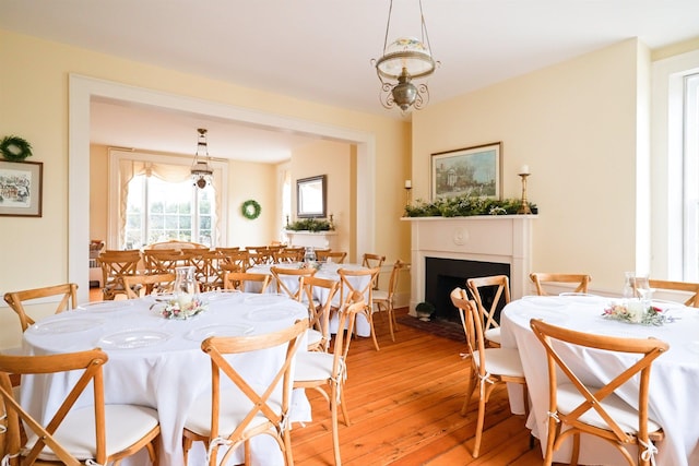 111 Main St S, Bridgewater, VA 22812 - dining room with light wood-style flooring and a fireplace with flush hearth
