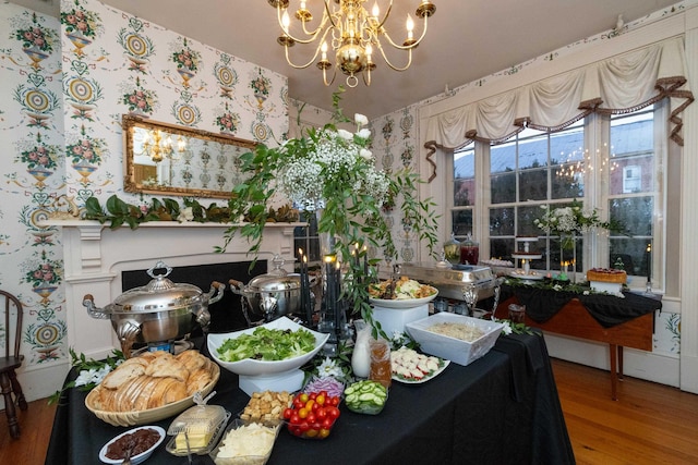111 Main St S, Bridgewater, VA 22812 - dining area featuring wood finished floors, wallpapered walls, and a chandelier