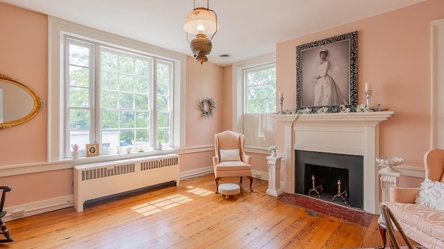 111 Main St S, Bridgewater, VA 22812 - living area with radiator heating unit, light wood-style floors, a fireplace with flush hearth, and baseboards