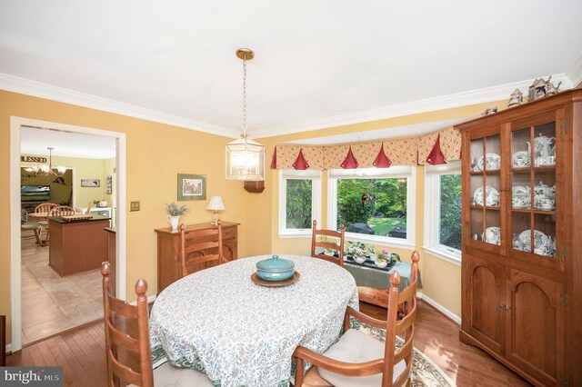 10415 Shaw Dr, Spotsylvania, VA 22553 - dining room featuring light wood-style flooring, ornamental molding, and a chandelier