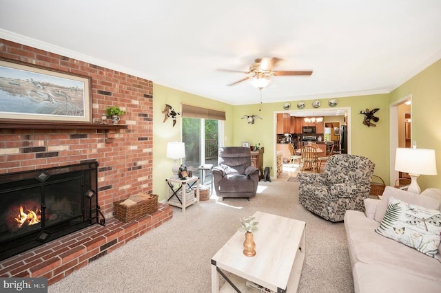 10415 Shaw Dr, Spotsylvania, VA 22553 - living area featuring a fireplace, ceiling fan, carpet flooring, and ornamental molding