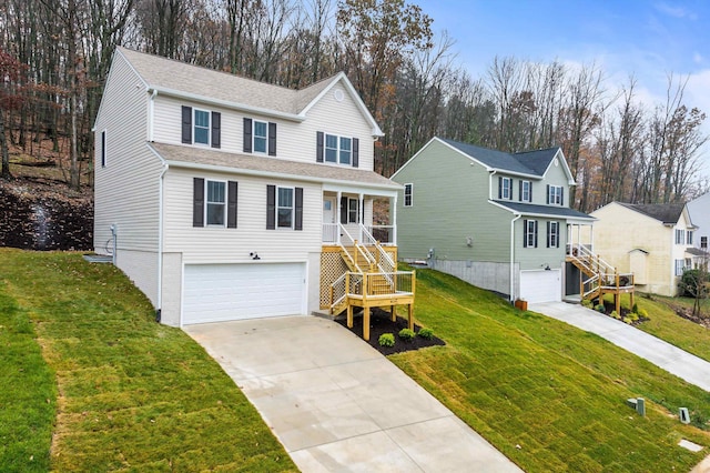 view of front property featuring a garage, covered porch, and a front lawn