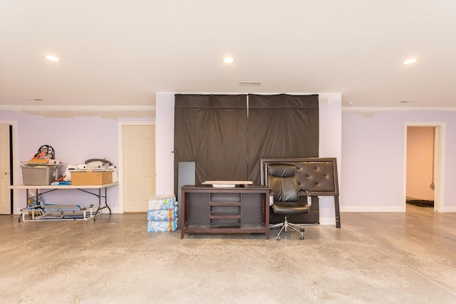office with concrete flooring, baseboards, and recessed lighting