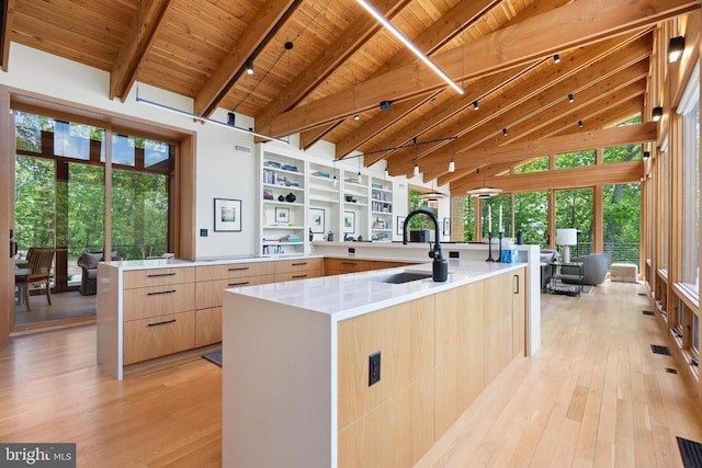559 Bessie Bell Mountain Rd, Castleton, VA 22716 - kitchen with light brown cabinets, light wood finished floors, wood ceiling with exposed beams, plenty of natural light, and modern cabinets