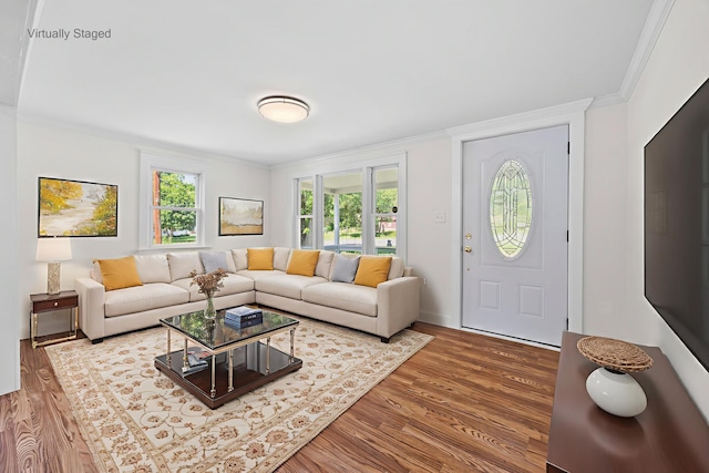 3416 Point Rd E, Elkton, VA 22827 - living room featuring wood finished floors and crown molding