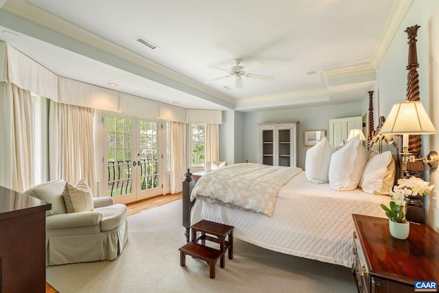 353 Bloomfield Rd, Charlottesville, VA 22901 - bedroom with access to outside, ornamental molding, wood finished floors, a tray ceiling, and ceiling fan