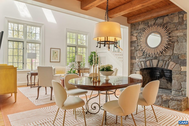 353 Bloomfield Rd, Charlottesville, VA 22901 - dining space featuring wooden ceiling, beam ceiling, wood finished floors, a stone fireplace, and stairway