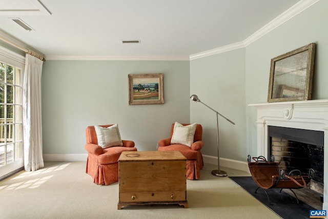 353 Bloomfield Rd, Charlottesville, VA 22901 - living area featuring carpet, crown molding, baseboards, and a fireplace