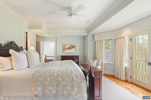 353 Bloomfield Rd, Charlottesville, VA 22901 - bedroom with ornamental molding, wood finished floors, baseboards, ceiling fan, and a tray ceiling