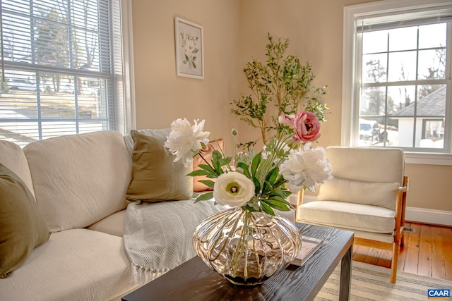 living area featuring baseboards and wood finished floors