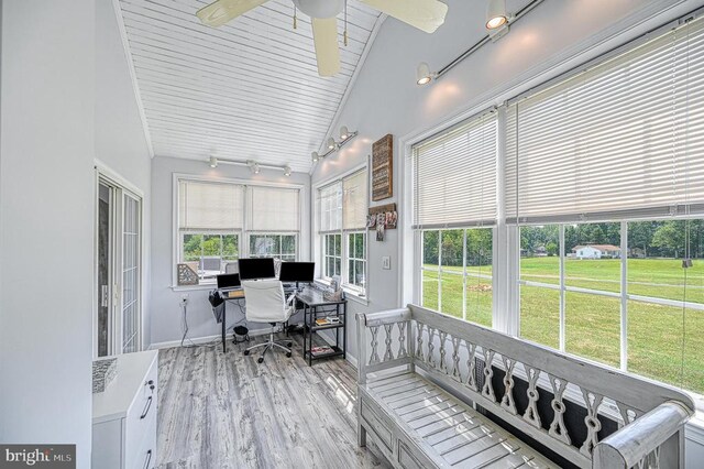 6905 Lakes Edge Way, Mineral, VA 23117 - office space featuring track lighting, vaulted ceiling, baseboards, light wood finished floors, and a ceiling fan