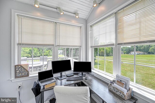 6905 Lakes Edge Way, Mineral, VA 23117 - office area featuring lofted ceiling and wood ceiling