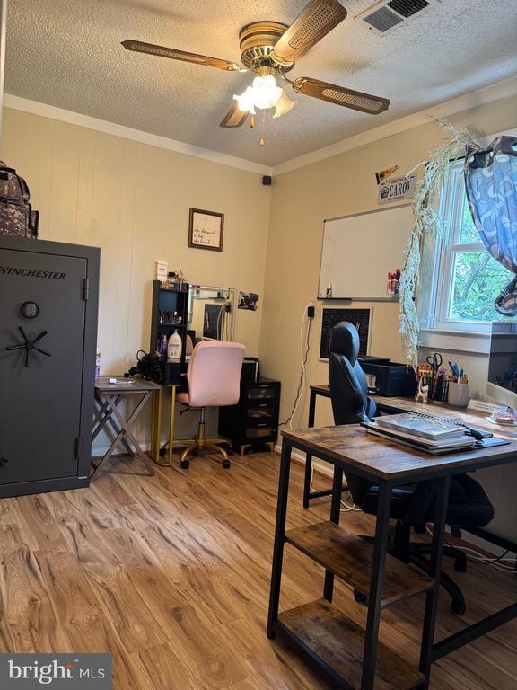 633 Ridge View Ln, Shenandoah, VA 22849 - office space with a textured ceiling, ceiling fan, light wood-style flooring, and ornamental molding