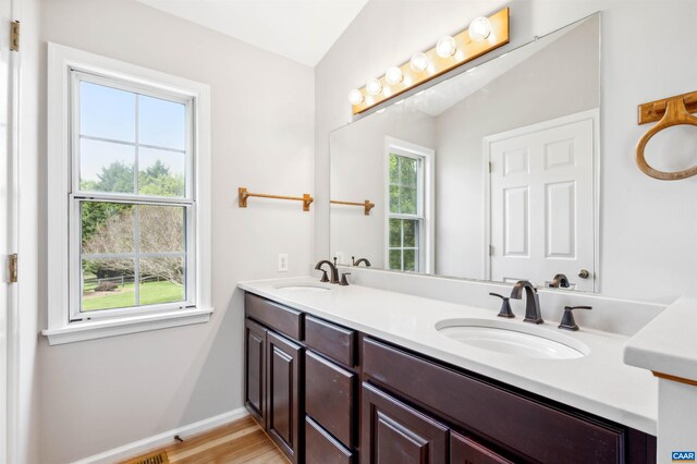 3340 Meadowfield Ln, Charlottesville, VA 22911 - bathroom with double vanity, baseboards, and wood finished floors