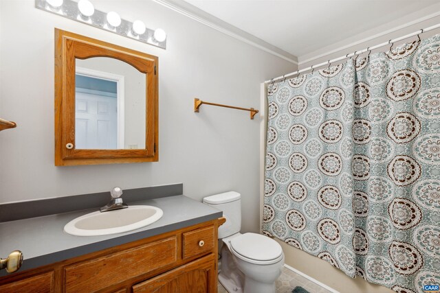 3340 Meadowfield Ln, Charlottesville, VA 22911 - full bathroom with toilet, vanity, curtained shower, and ornamental molding