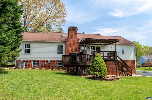 3340 Meadowfield Ln, Charlottesville, VA 22911 - rear view of property featuring central air condition unit, a chimney, a deck, and a lawn