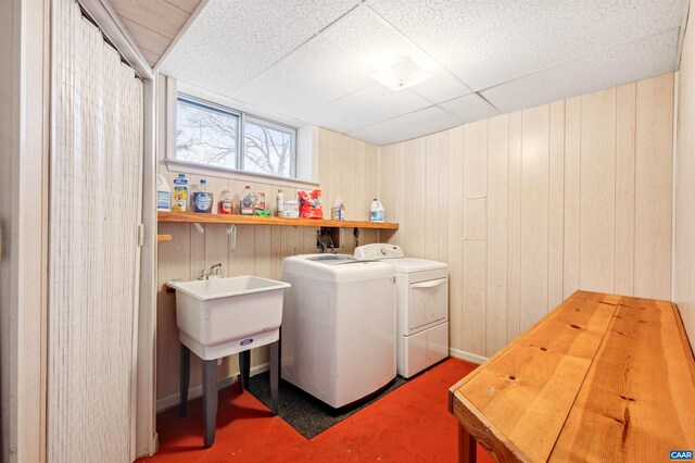 3340 Meadowfield Ln, Charlottesville, VA 22911 - laundry room with washer and clothes dryer and wooden walls