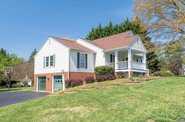 3340 Meadowfield Ln, Charlottesville, VA 22911 - view of front of property featuring brick siding, asphalt driveway, an attached garage, covered porch, and a front yard