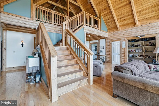 120 Wildflower Ln, Luray, VA 22835 - stairs featuring hardwood / wood-style flooring, wood ceiling with exposed beams, rustic walls, and high vaulted ceiling
