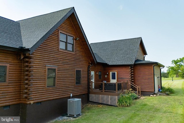 120 Wildflower Ln, Luray, VA 22835 - back of house with cooling unit, log siding, a wooden deck, a lawn, and a shingled roof