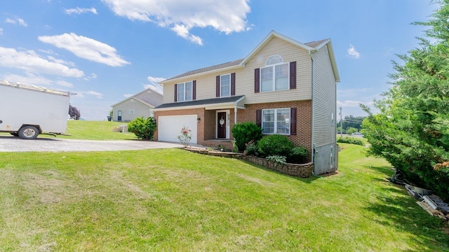 1411 Shenstone Dr, Harrisonburg, VA 22802 - view of front of house with driveway, a garage, brick siding, and a front yard