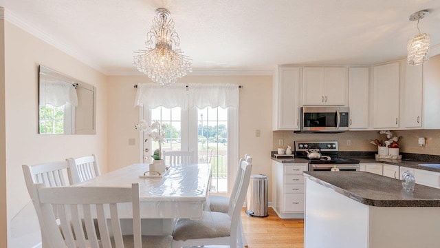 1411 Shenstone Dr, Harrisonburg, VA 22802 - kitchen featuring appliances with stainless steel finishes, dark countertops, tasteful backsplash, white cabinets, and ornamental molding