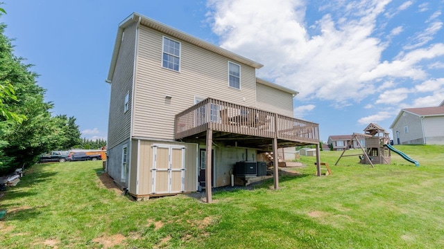 1411 Shenstone Dr, Harrisonburg, VA 22802 - rear view of property featuring a wooden deck, a yard, and a playground
