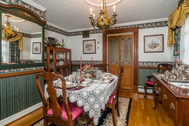 8217 S E Side Hwy, Elkton, VA 22827 - dining room featuring a wainscoted wall, a baseboard heating unit, wood finished floors, a textured ceiling, and a chandelier