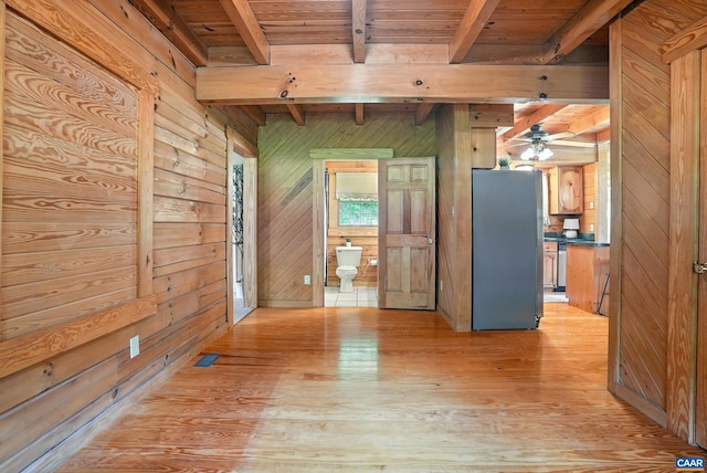 2070 Woodson Rd, Nelson, VA 22967 - empty room with wooden walls, a wood ceiling with exposed beams, light wood finished floors, and ceiling fan