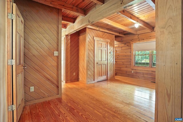 2070 Woodson Rd, Nelson, VA 22967 - unfurnished room featuring a wooden ceiling with exposed beams, wood walls, and wood finished floors