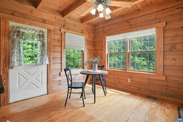 2070 Woodson Rd, Nelson, VA 22967 - dining room with a wooden ceiling with exposed beams, light wood-style floors, a ceiling fan, and wooden walls