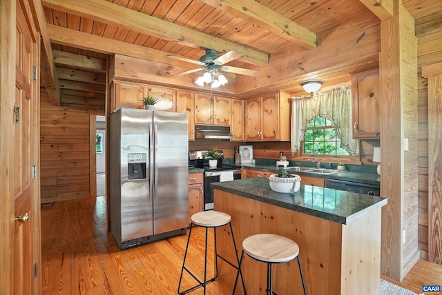 2070 Woodson Rd, Nelson, VA 22967 - kitchen with stainless steel appliances, under cabinet range hood, light wood-style floors, a wood ceiling with exposed beams, and wooden walls