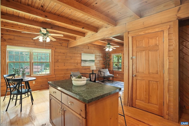 2070 Woodson Rd, Nelson, VA 22967 - kitchen featuring ceiling fan, light wood-style flooring, wood walls, a center island, and a wooden ceiling with exposed beams