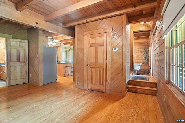 2070 Woodson Rd, Nelson, VA 22967 - spare room with wooden walls, a wood ceiling with exposed beams, wood finished floors, and ceiling fan