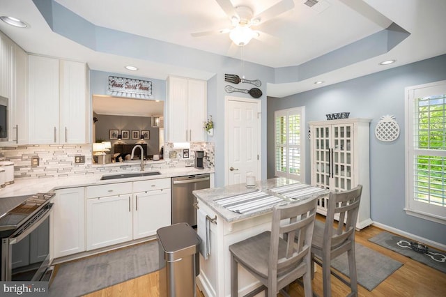 9404 Dalmahoy Ln, Fredericksburg, VA 22408 - kitchen with a sink, stainless steel appliances, a ceiling fan, backsplash, and light wood-style flooring