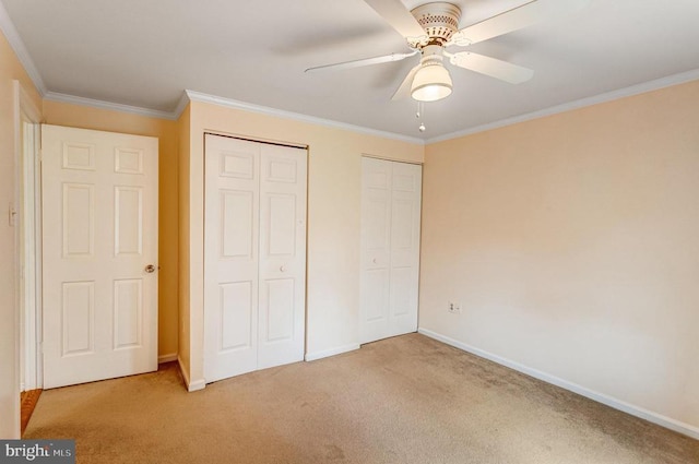  - unfurnished bedroom featuring carpet, multiple closets, ornamental molding, and ceiling fan