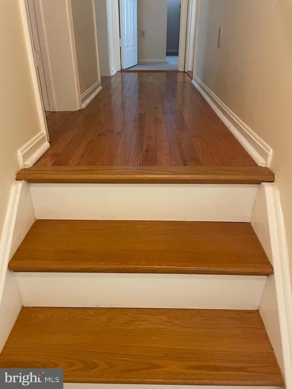  - stairs featuring wood-type flooring and baseboards