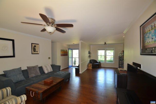 2090 Tavernor Ln, Charlottesville, VA 22911 - living room with a ceiling fan, wood-type flooring, and ornamental molding