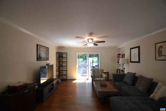 2090 Tavernor Ln, Charlottesville, VA 22911 - living area with dark wood-type flooring, crown molding, and ceiling fan