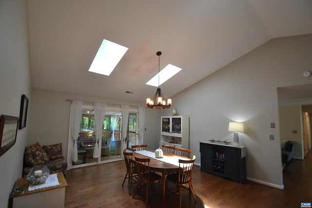 2090 Tavernor Ln, Charlottesville, VA 22911 - dining area with lofted ceiling, a skylight, wood finished floors, and a chandelier