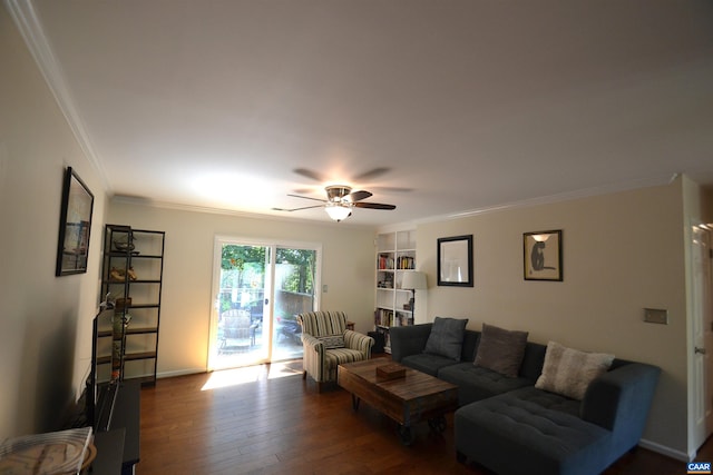 2090 Tavernor Ln, Charlottesville, VA 22911 - living room with crown molding, a ceiling fan, and dark wood-style floors