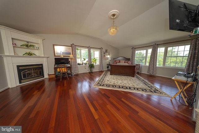  - bedroom with a glass covered fireplace, lofted ceiling, and wood finished floors
