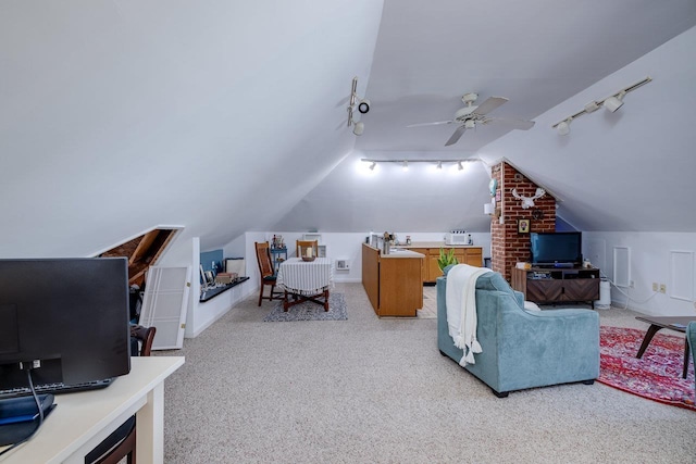 289 Newman Ave, Harrisonburg, VA 22801 - carpeted living area with track lighting, lofted ceiling, a desk, and a ceiling fan