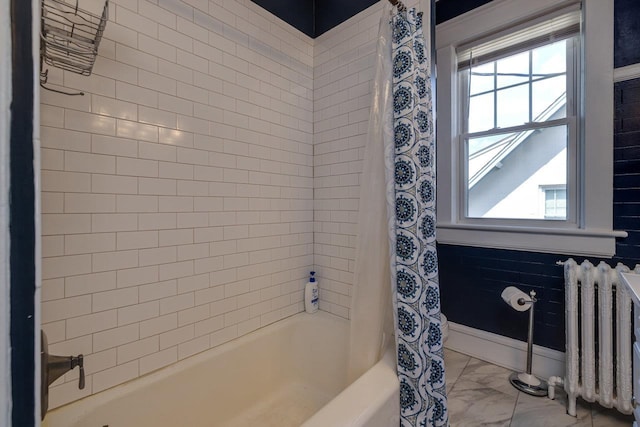 289 Newman Ave, Harrisonburg, VA 22801 - full bath with radiator, marble look tiles, and shower / bath combination with curtain