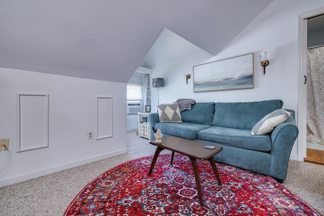 289 Newman Ave, Harrisonburg, VA 22801 - carpeted living room featuring lofted ceiling, baseboards, and cooling unit